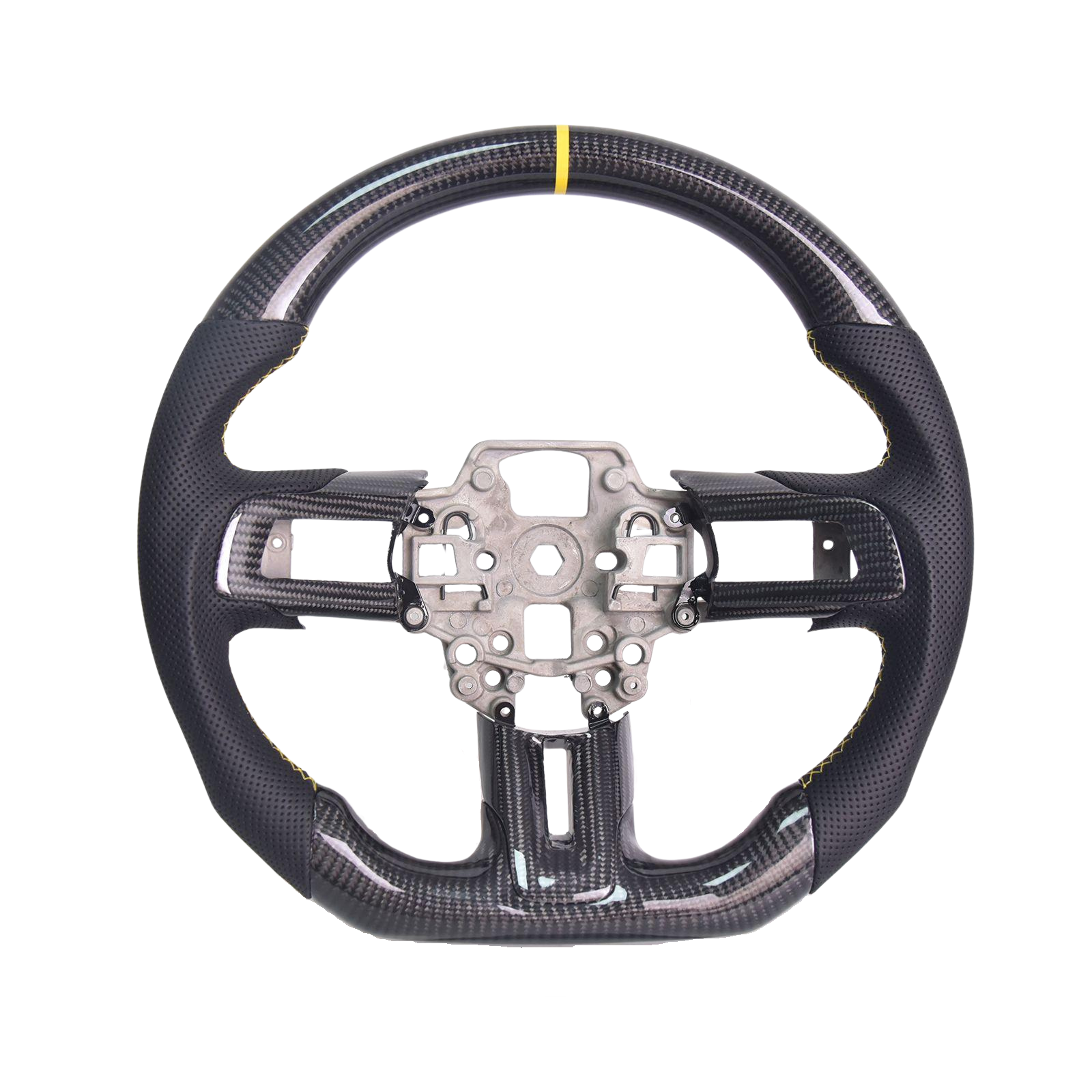 205-23 Mustang Black Leather Yellow Stitching Carbon Fiber Steering Wheel