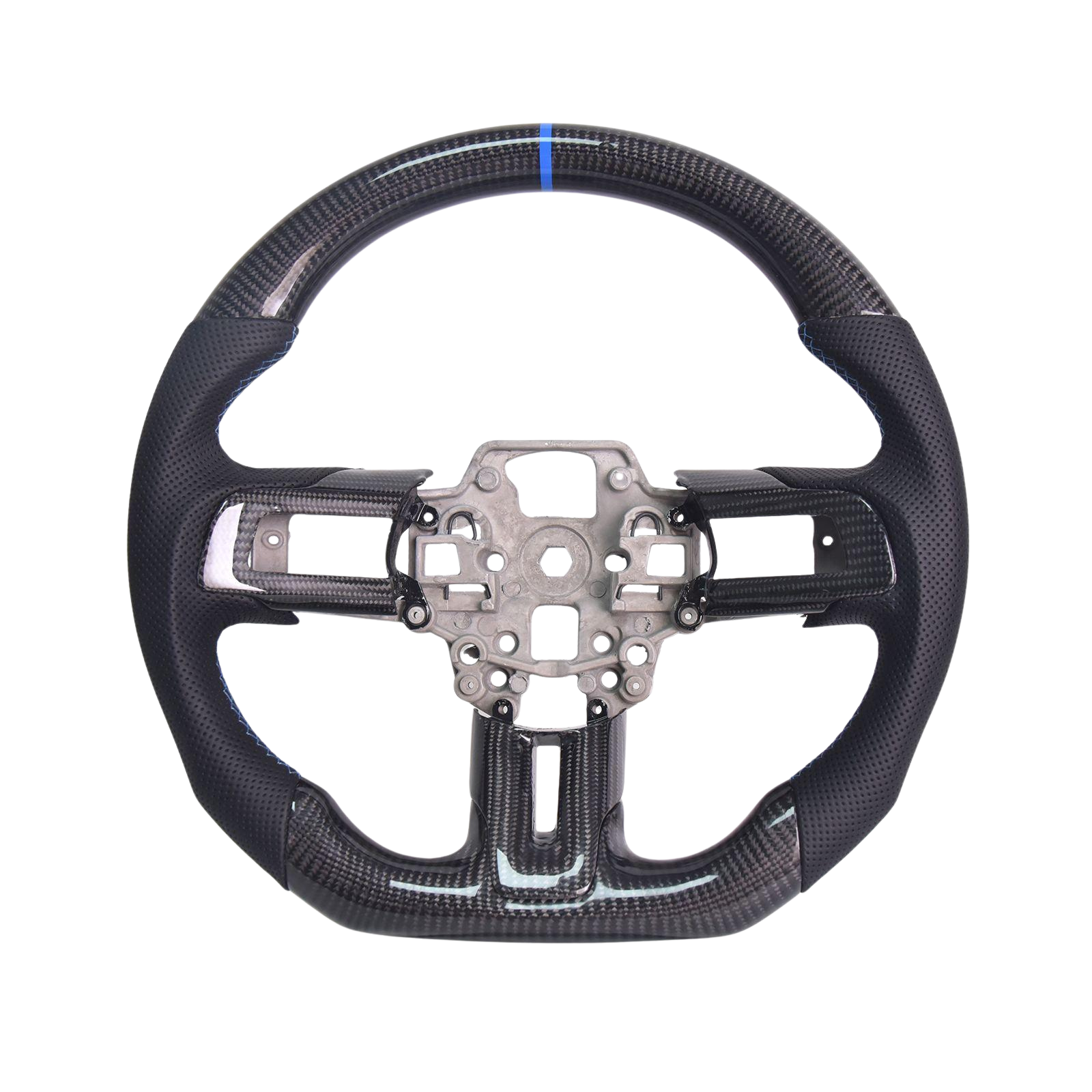 2015-23 Mustang Black Leather Blue Stitching Carbon Fiber Steering Wheel