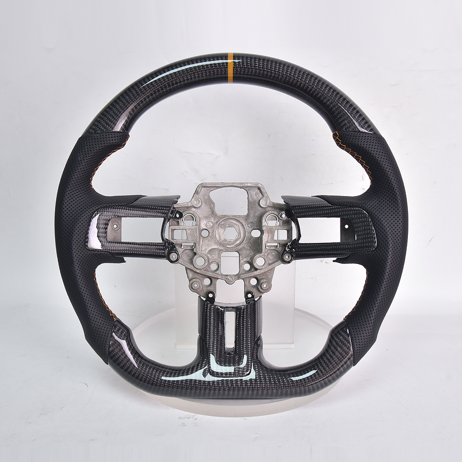 2015-17 Mustang Carbon Fiber Steering Wheel Black Perforated Leather Orange Stitching Orange Stripe