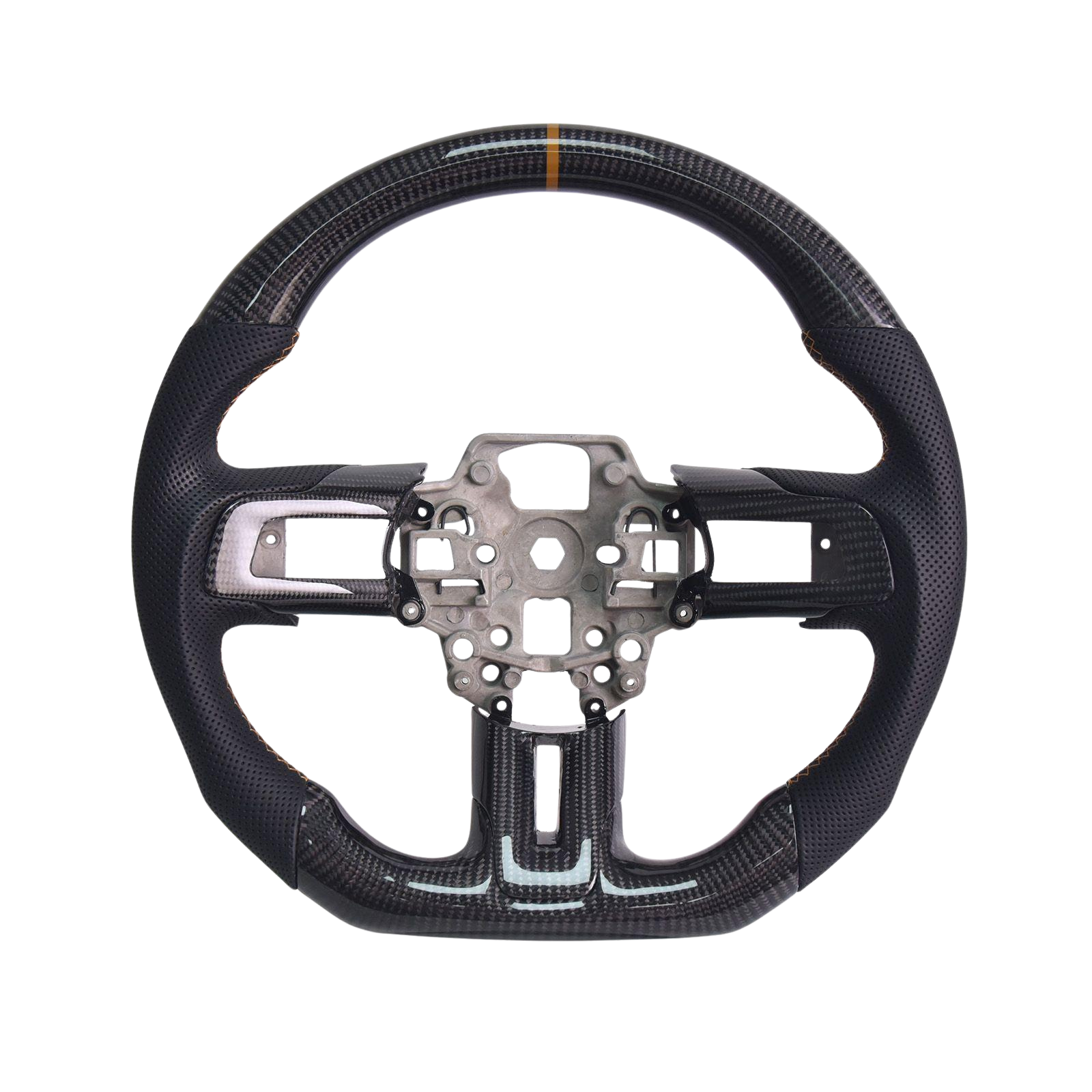 2015-23 Mustang Black Leather Brown Stitching Carbon Fiber Steering Wheel