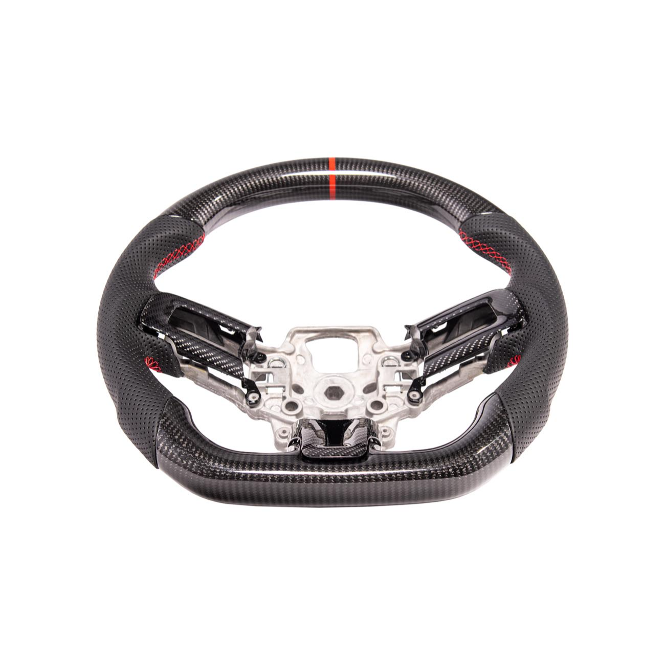 2015-23 Mustang Black Leather Red Stitching Carbon Fiber Steering Wheel
