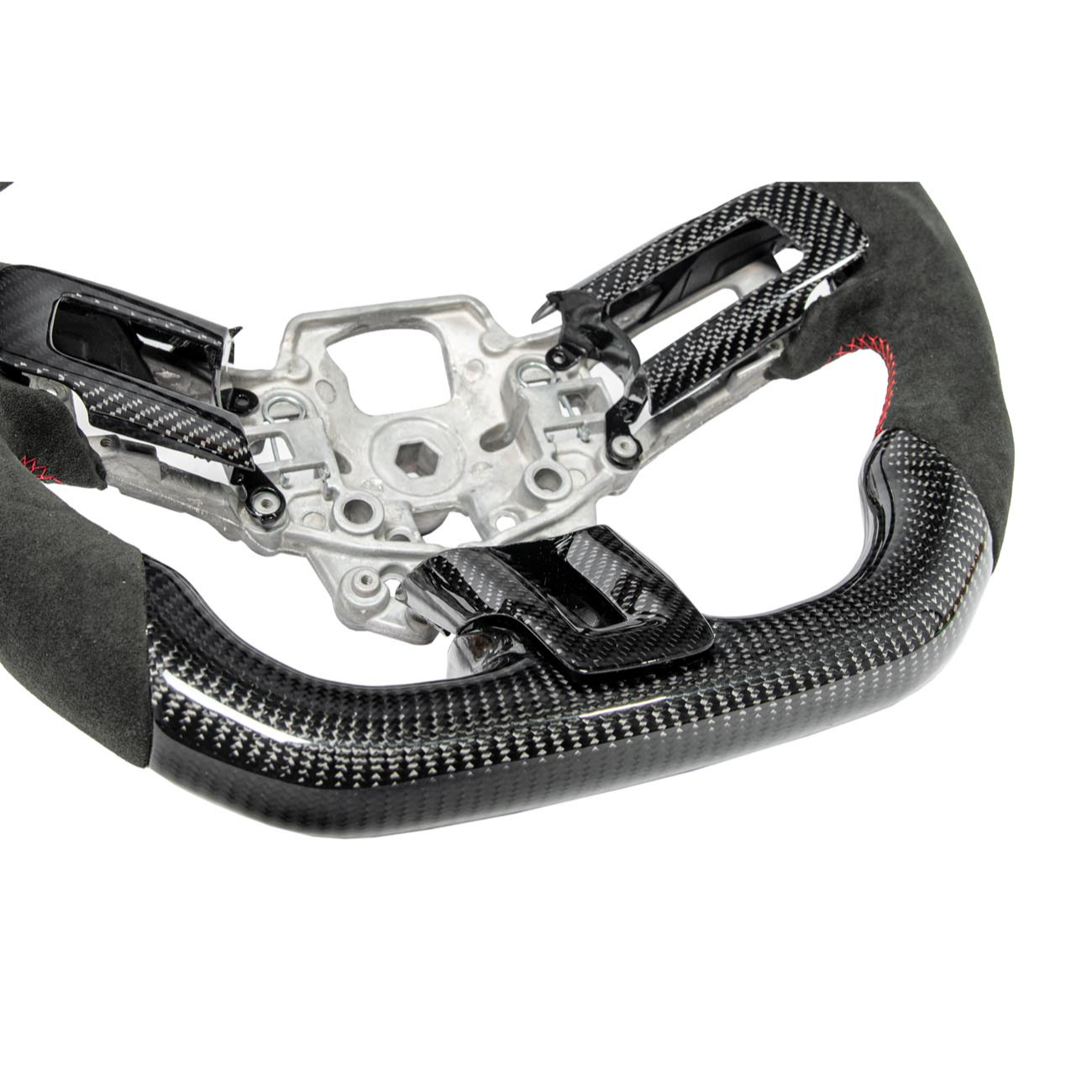 2015-23 Mustang Black Leather Red Stitching Carbon Fiber Steering Wheel
