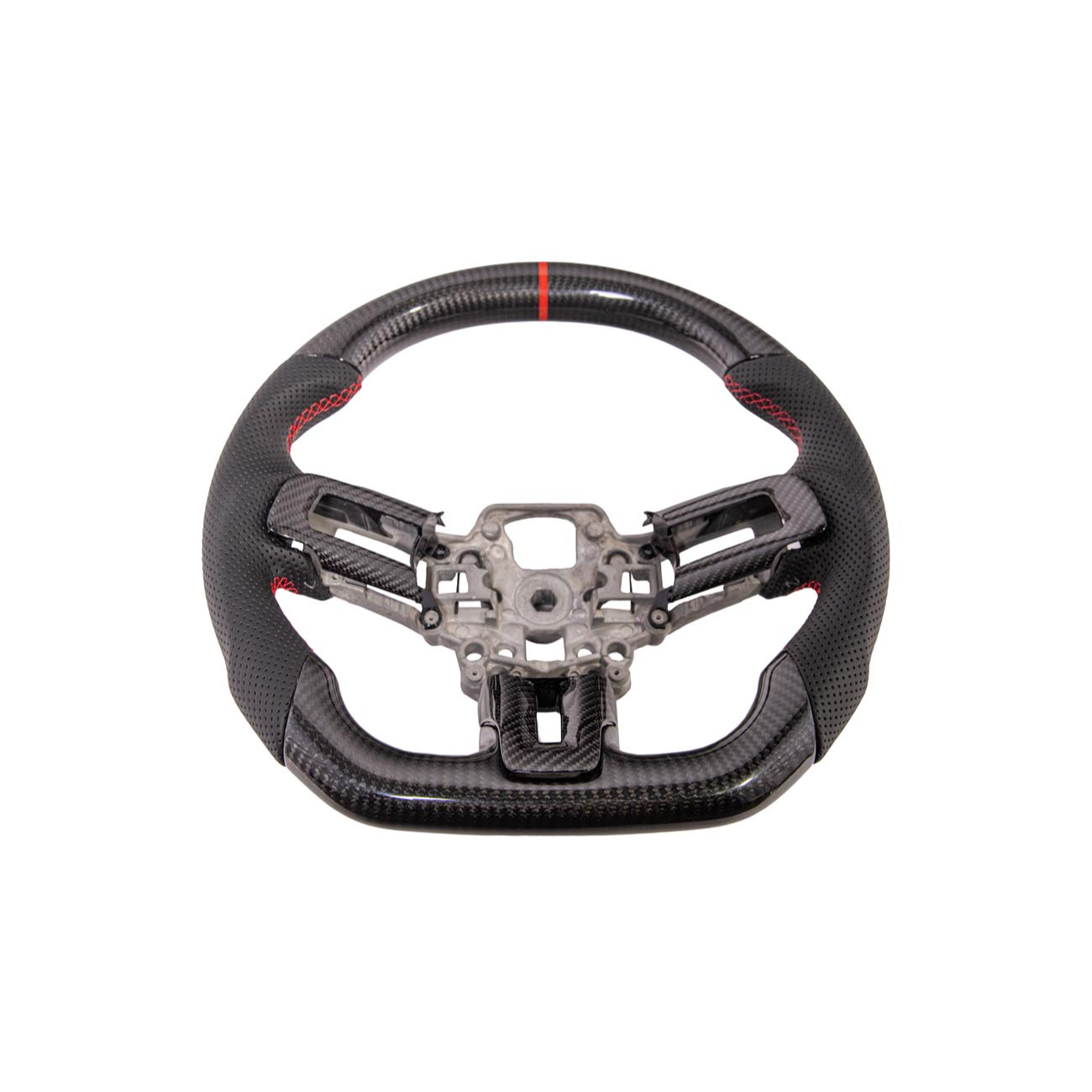 2015-23 Mustang Black Leather Red Stitching Carbon Fiber Steering Wheel