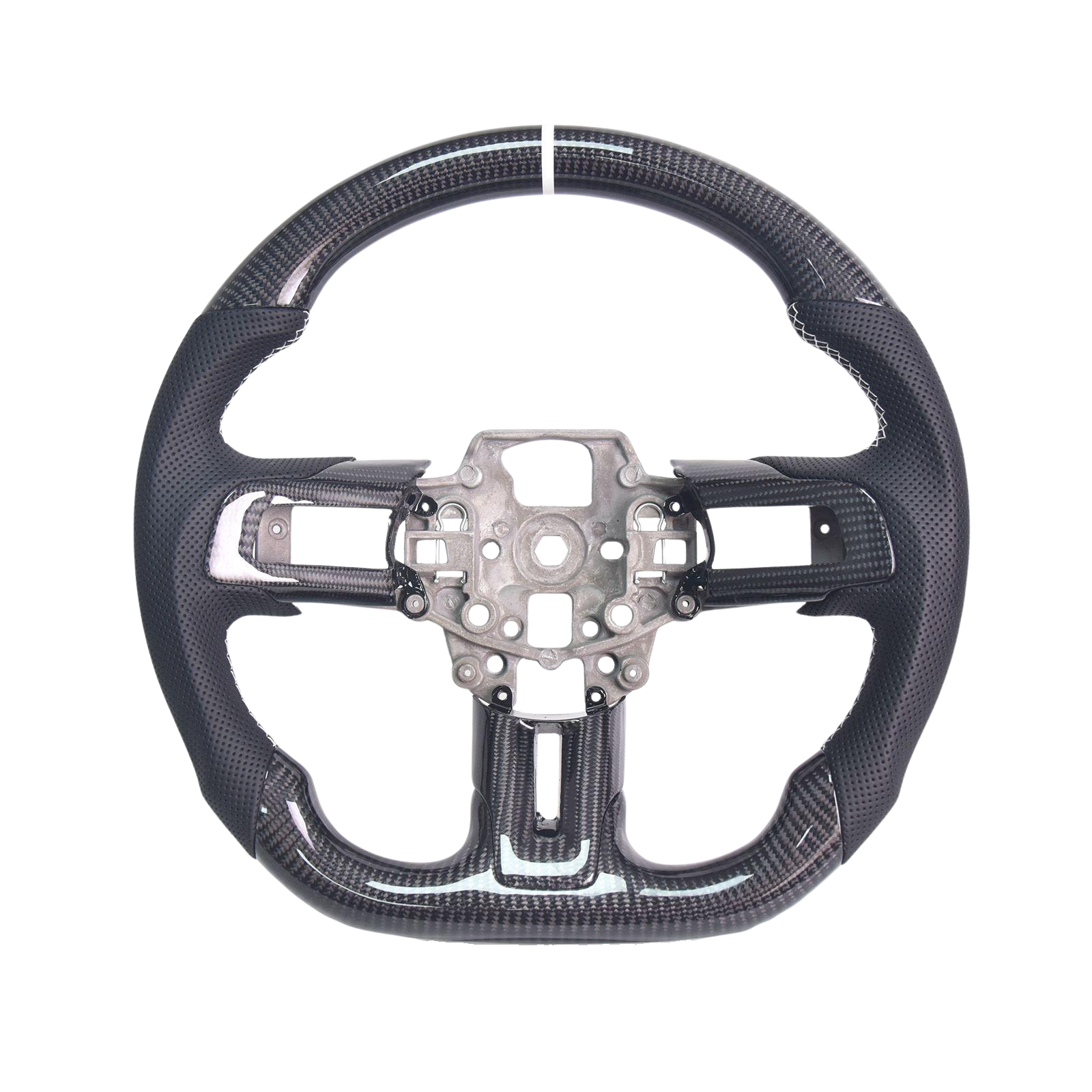 2015-23 Mustang Black Leather White Stitching Carbon Fiber Steering Wheel