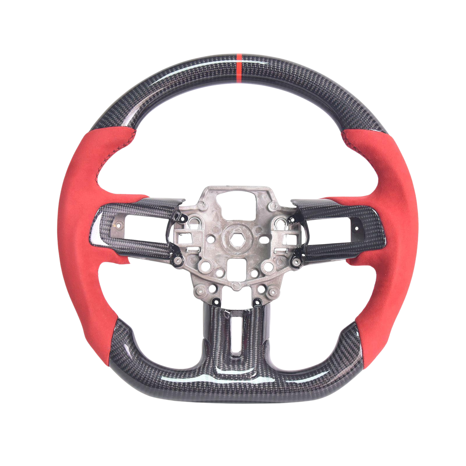 2015-23 Mustang Red Suede Leather Black Stitching Carbon Fiber Steering Wheel