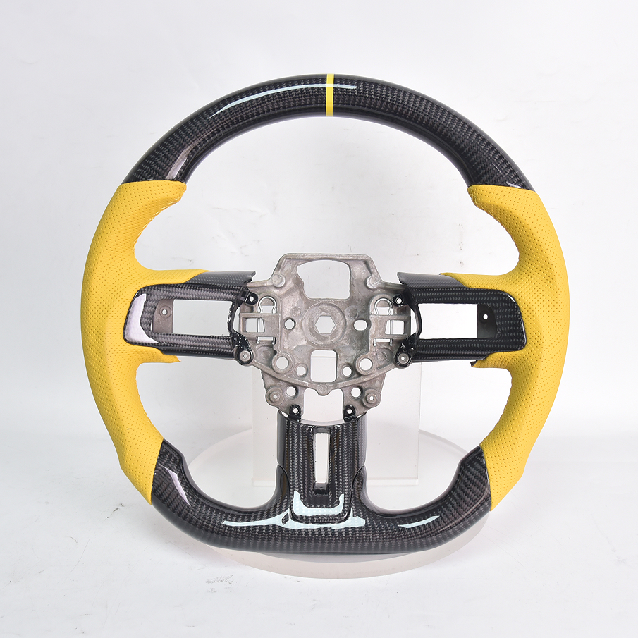 2018-23 Mustang Carbon Fiber Steering Wheel Yellow Perforated Leather Yellow Stitching Yellow Stripe