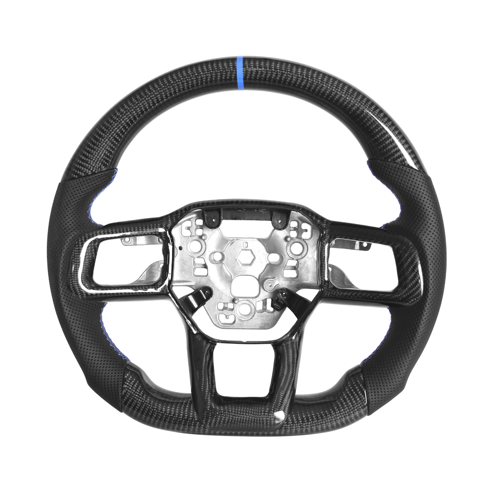 2024-Up Mustang Carbon Fiber Steering Wheel Black Perforated Leather Blue Stitching Blue Stripe