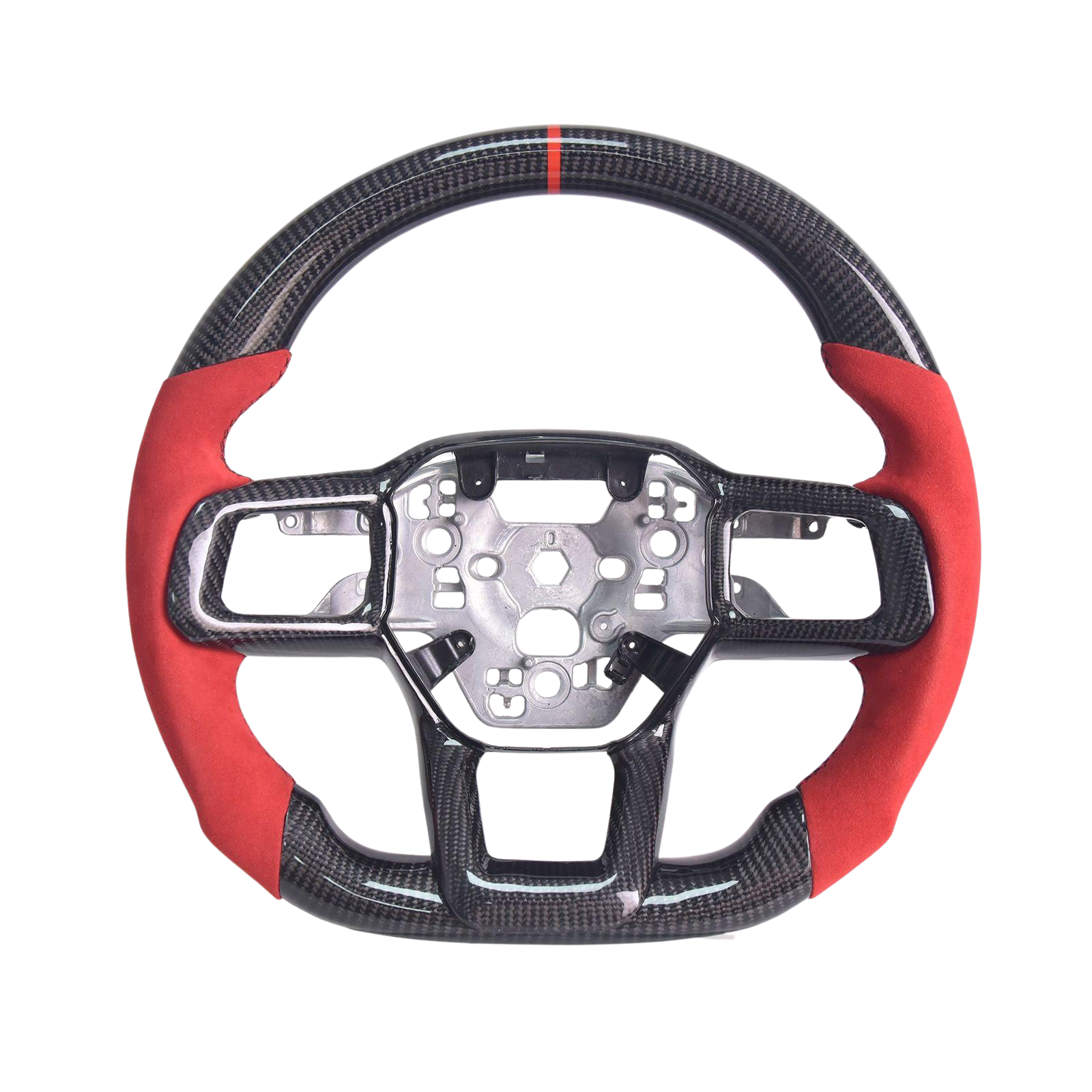 2024-Up Mustang Red Suede Leather Black Stitching Carbon Fiber Steering Wheel