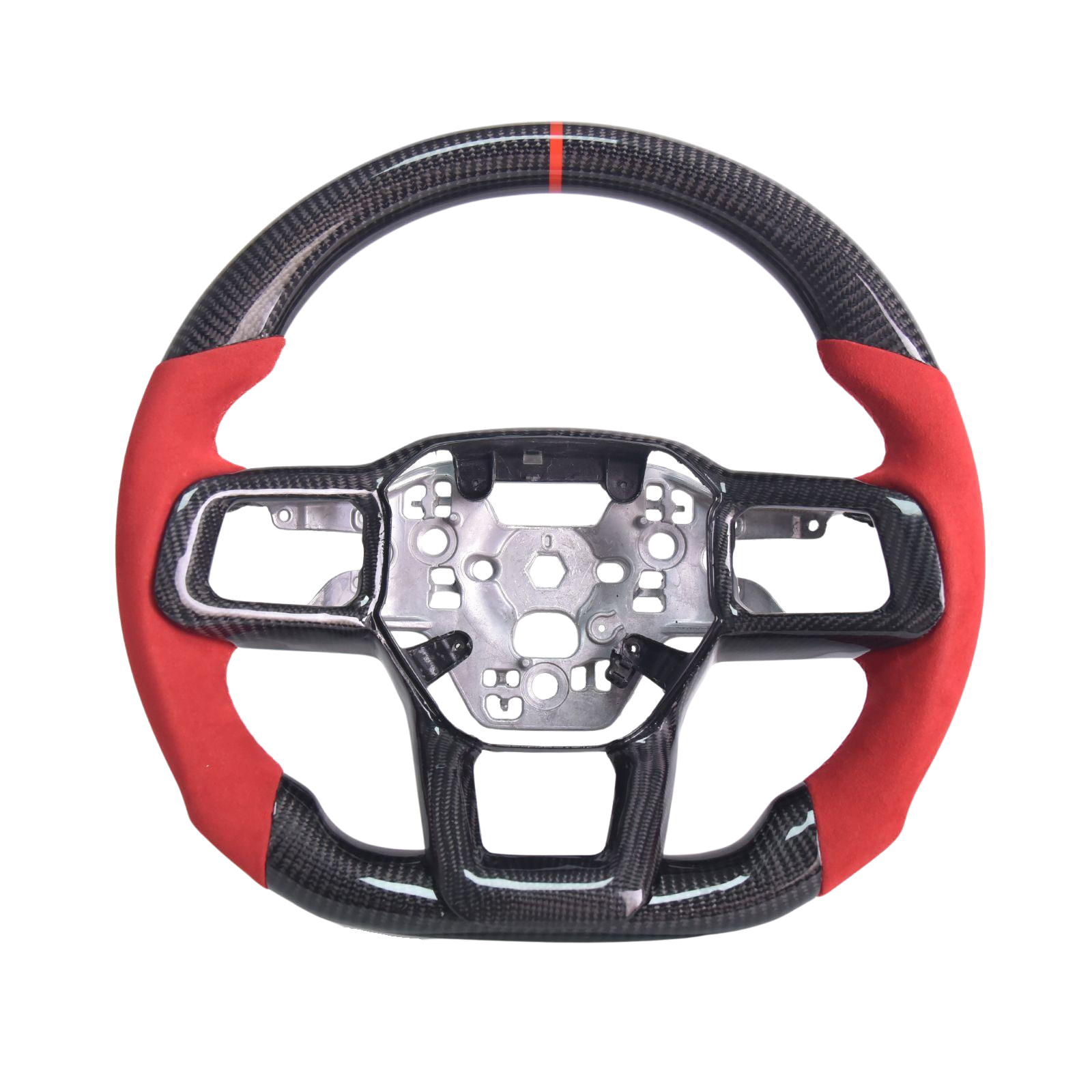2024-Up Mustang Red Suede Leather Red Stitching Carbon Fiber Steering Wheel