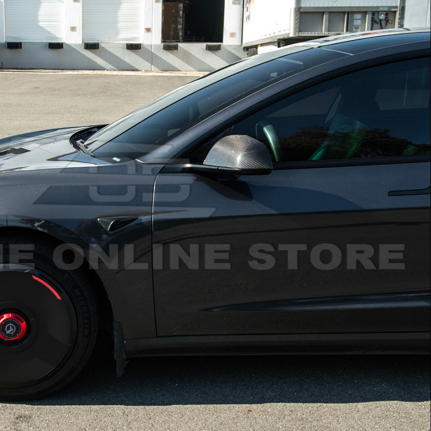 2024-Up Tesla Model 3 Dry Carbon Fiber Tape On Side Mirror Cap Covers Pair