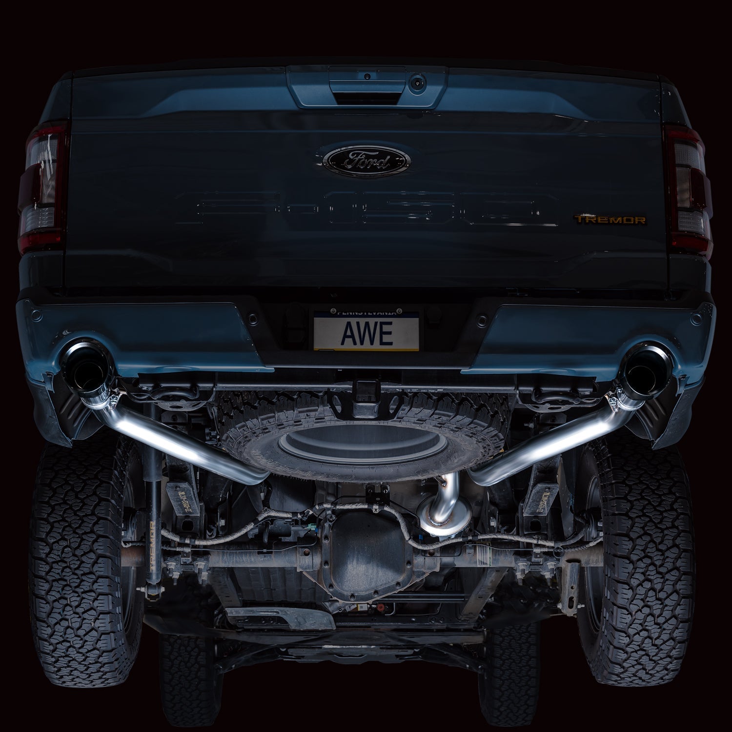 AWE 0FG Resonated Catback for '21+ Ford F-150 Tremor (With Bumper Cutouts) - Diamond Black Tips