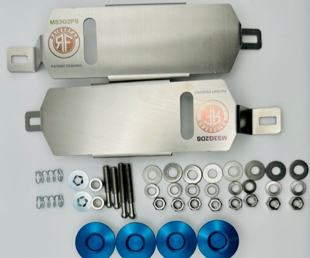 RaiderFab second-generation Mazda3 bumper kit with two brackets, four blue latches and mounting hardware.