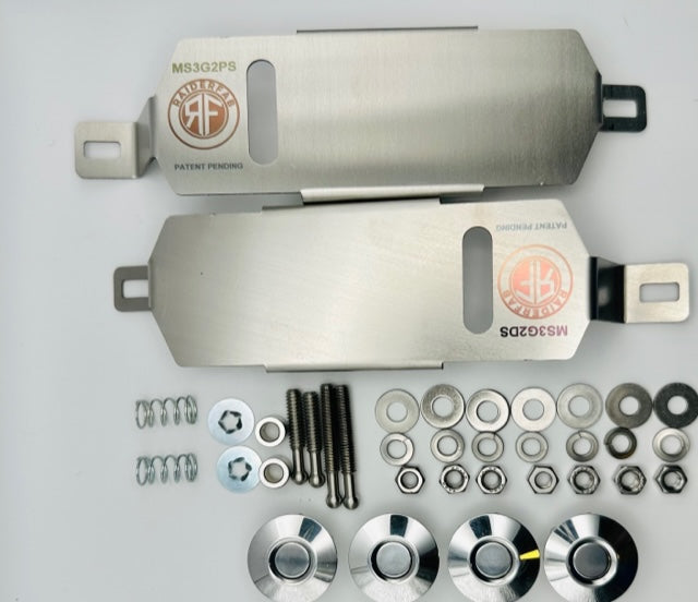RaiderFab second-generation Mazda3 bumper kit with four polished latches, two brackets and mounting hardware.
