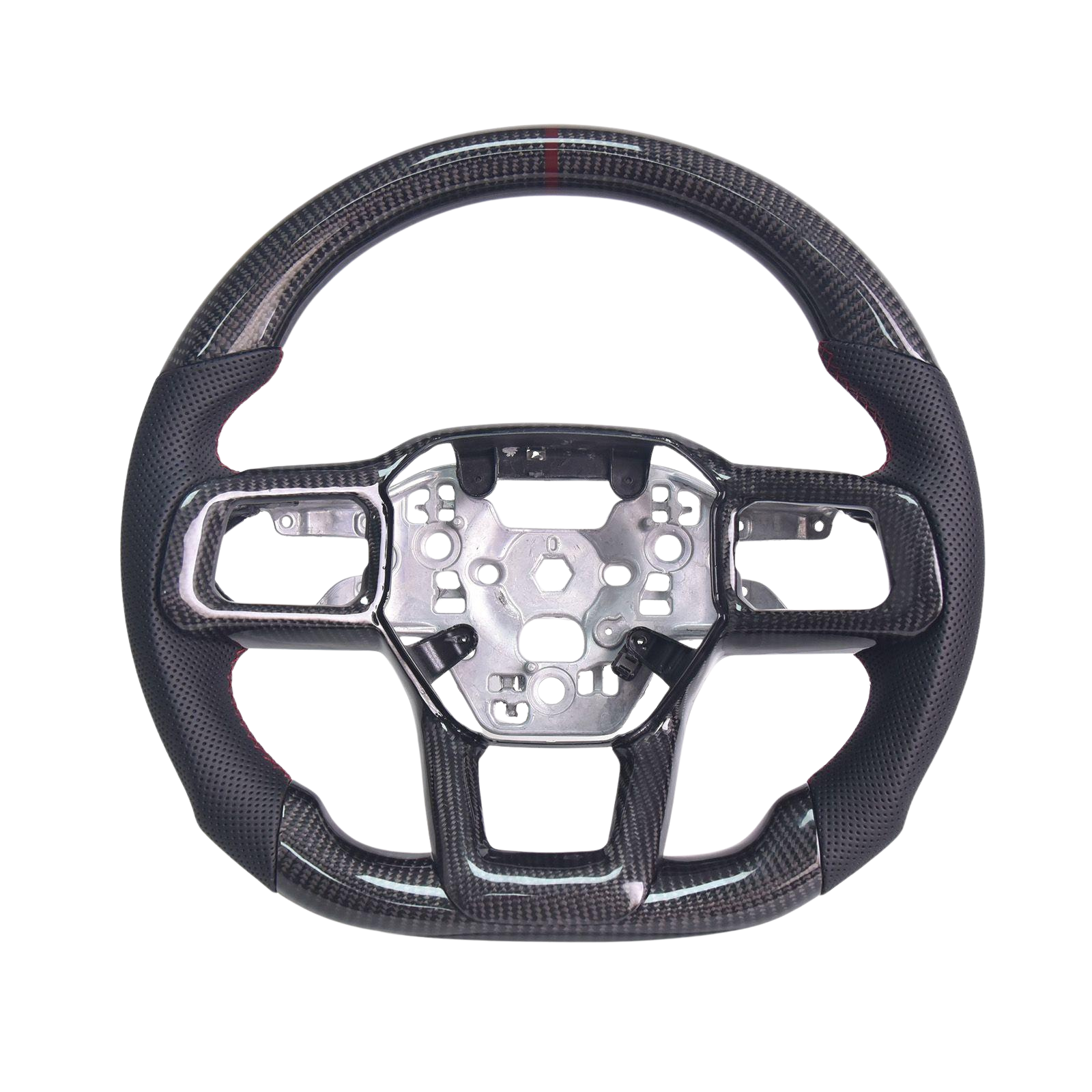 2024-Up Mustang Black Leather Deep Red Stitching Carbon Fiber Steering Wheel