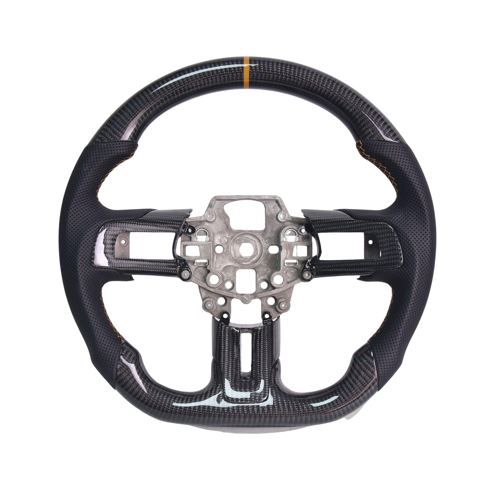 2015-23 Mustang Black Leather Brown Stitching Carbon Fiber Steering Wheel
