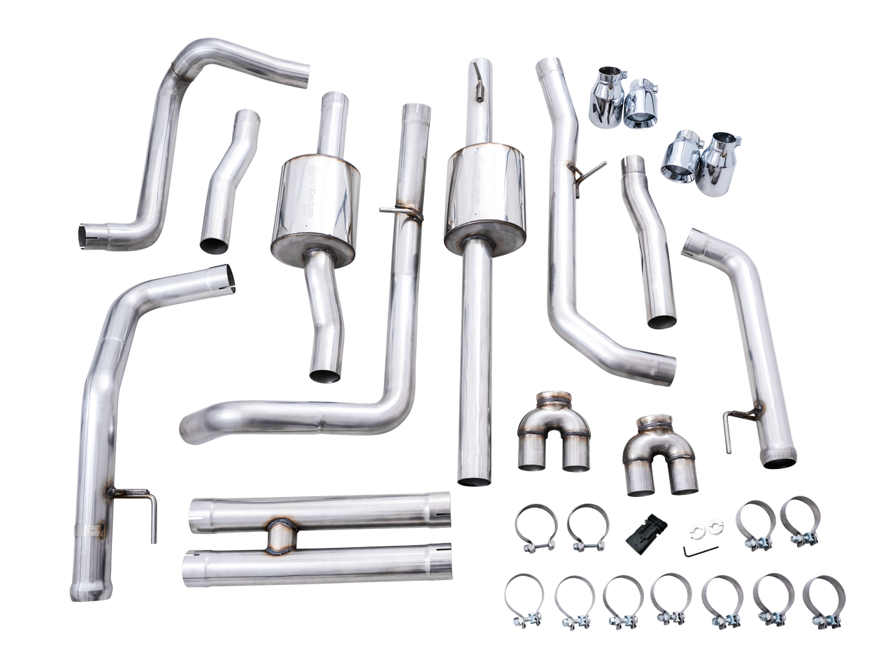 AWE 0FG Catback Split Rear Exit Exhaust for 4th Gen Silverado/Sierra 1500 6.2L (with bumper cutouts) - Quad Chrome Silver Tips