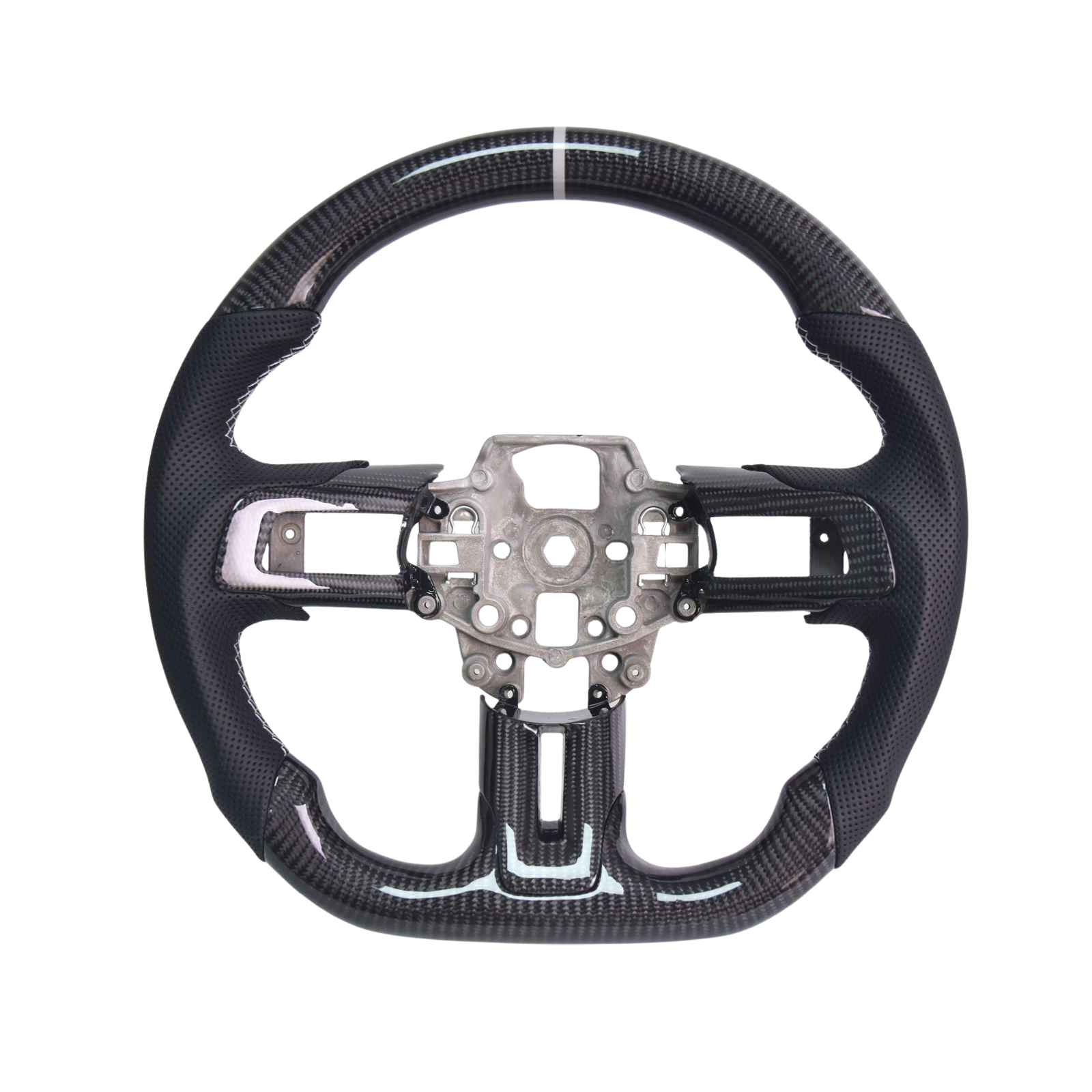 2015-23 Mustang Black Leather Gray Stitching Carbon Fiber Steering Wheel