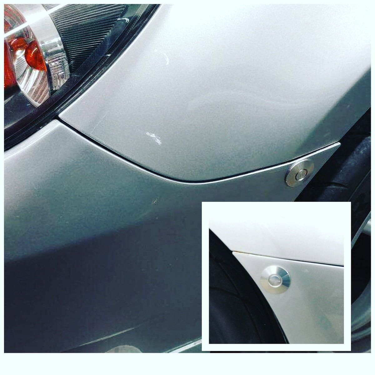 Silver latch beside the front wheel of a first-generation Mazda3, with an inset bumper-seam closeup.