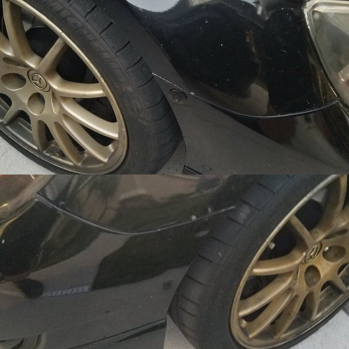 Two closeup views of black latches at the wheel-arch ends of a black front bumper.