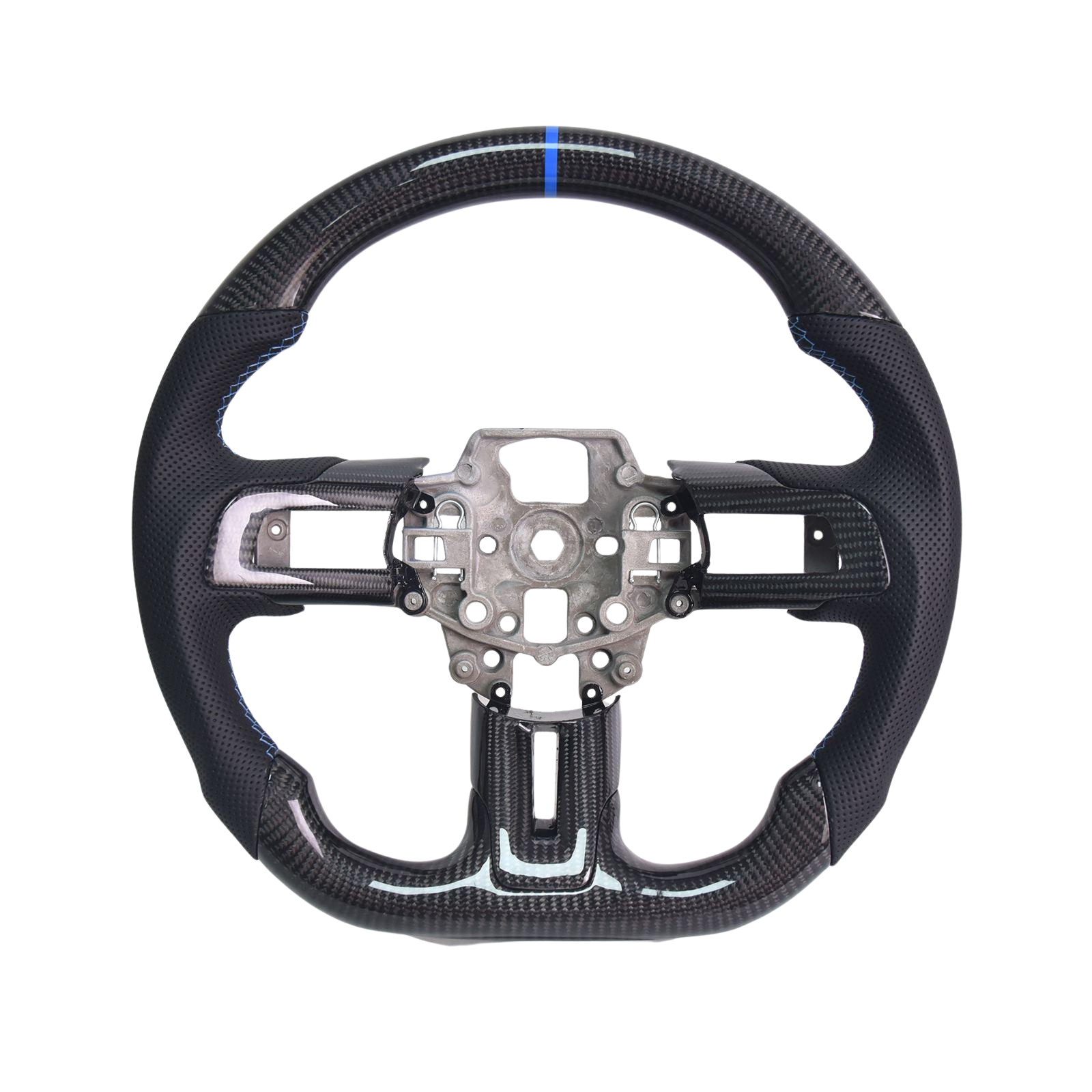 2015-23 Mustang Black Leather Blue Stitching Carbon Fiber Steering Wheel