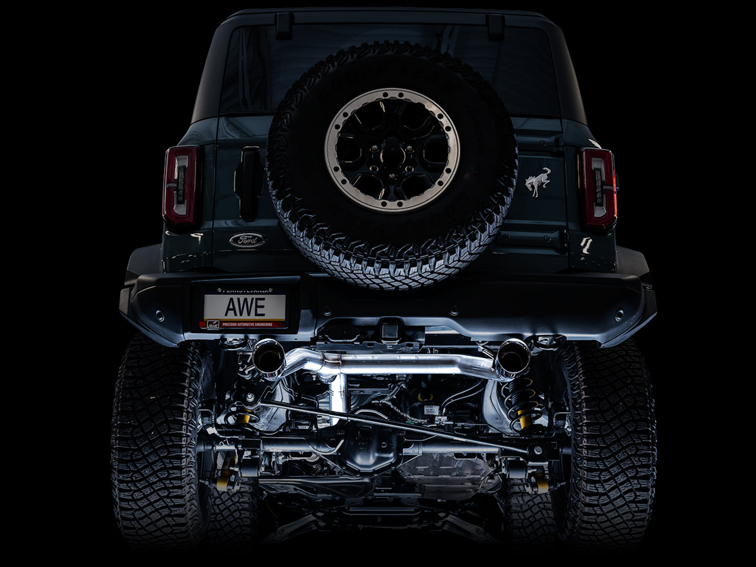 AWE 0FG Catback Exhaust for Ford Bronco with BashGuard™ - Dual 4.5" Diamond Black Tips