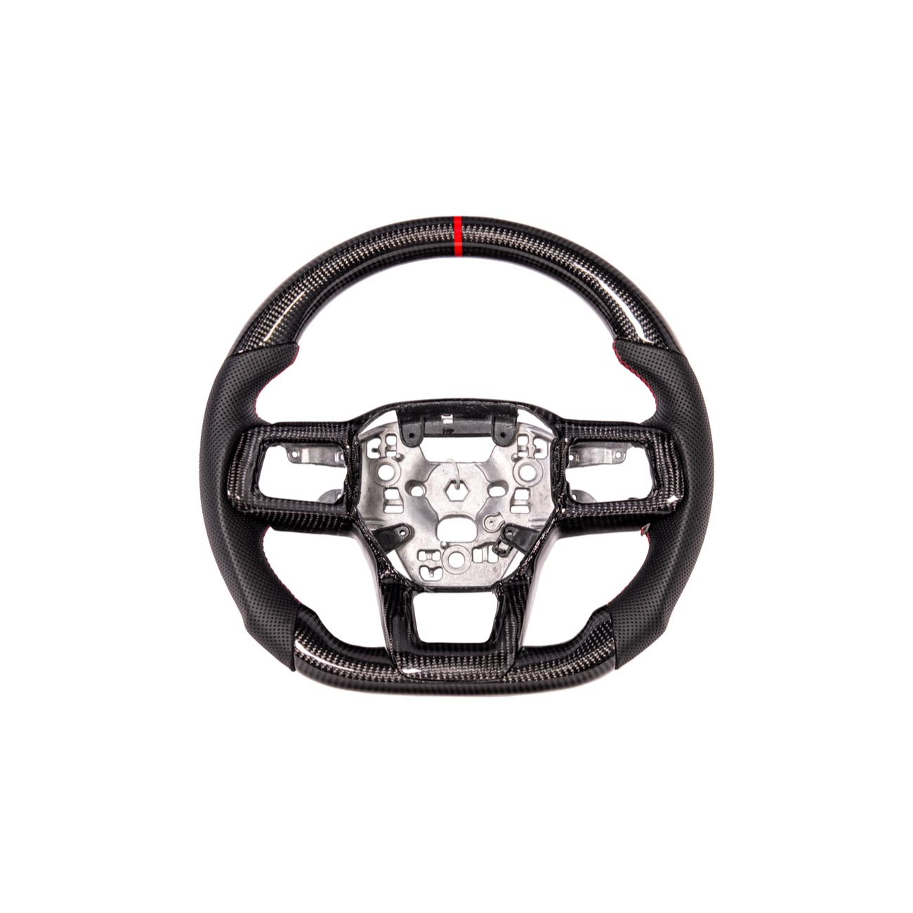 2024-Up Ford Mustang CARBON FIBER Perforated Leather Red Stripe Steering Wheel