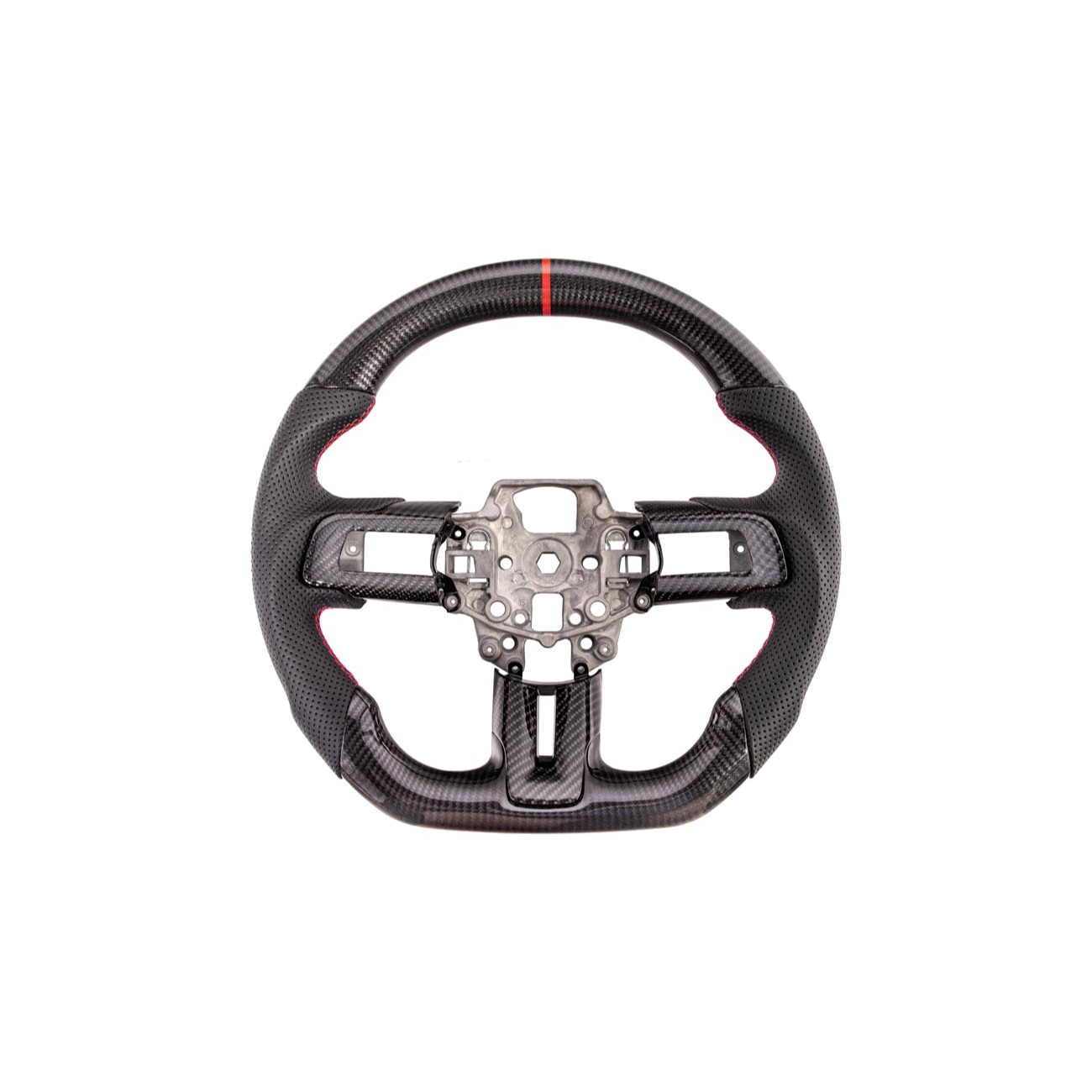 2015-23 Mustang Black Leather Red Stitching Carbon Fiber Steering Wheel