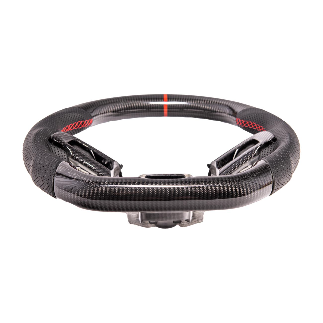 2015-23 Mustang Black Leather Red Stitching Carbon Fiber Steering Wheel