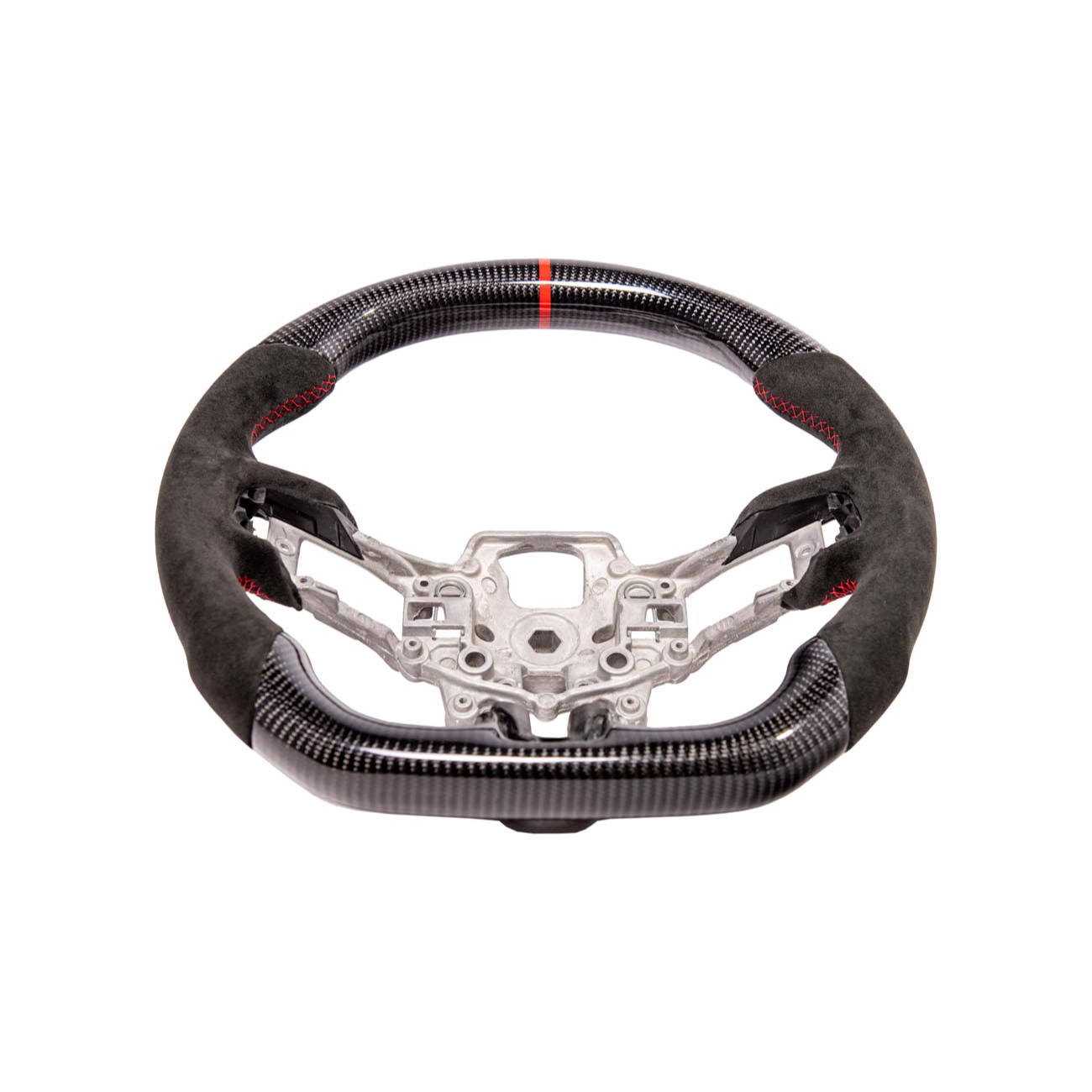 2015-23 Mustang Black Leather Red Stitching Carbon Fiber Steering Wheel