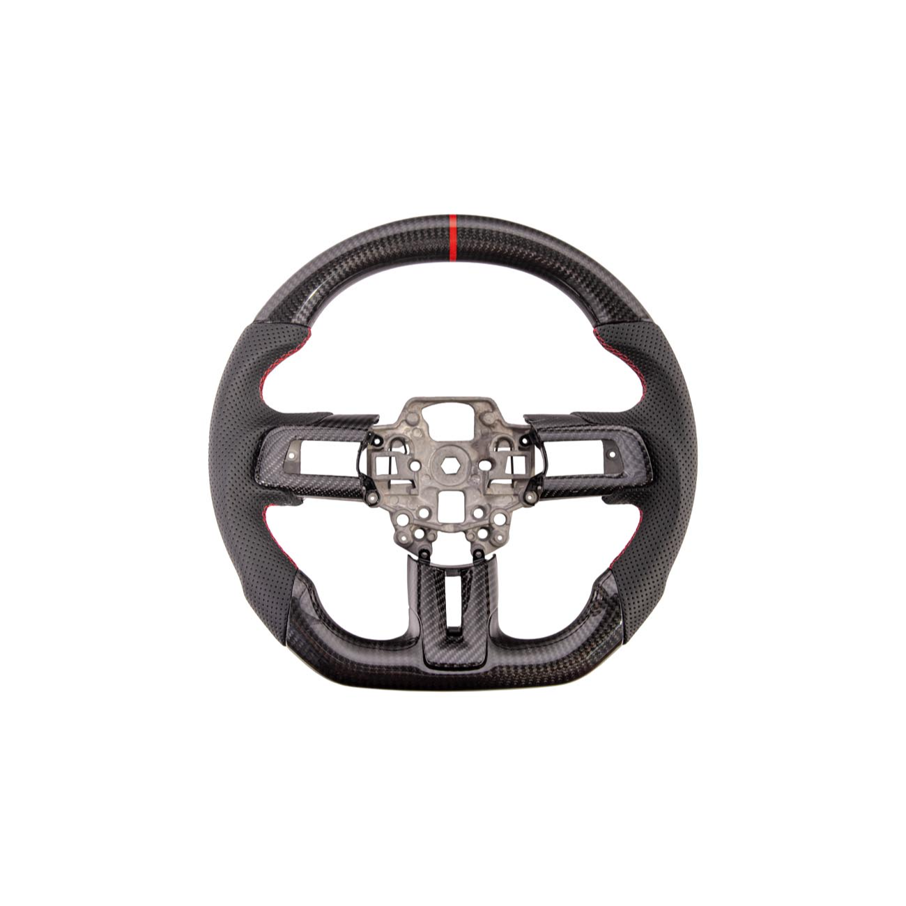 2015-23 Mustang Black Leather Red Stitching Carbon Fiber Steering Wheel