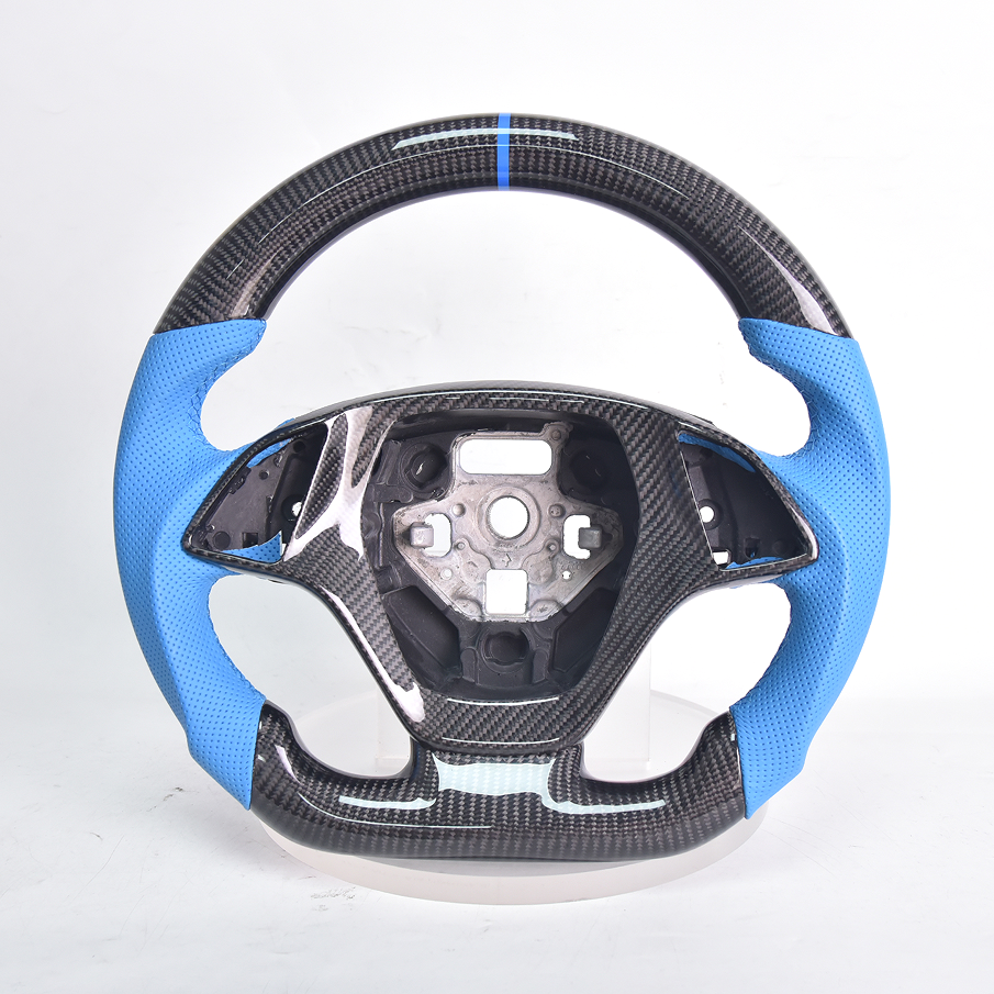 Corvette C7 Carbon Fiber Steering Wheel Blue Leather Blue Stitching Blue Stripe