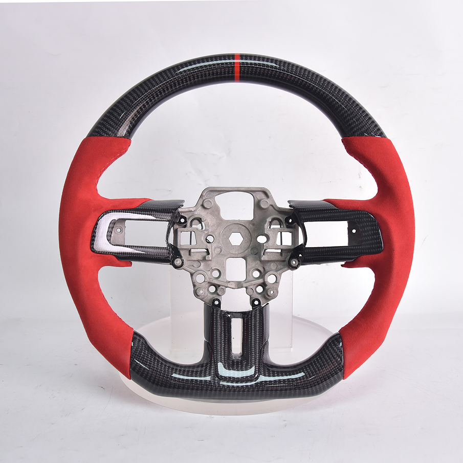 2015-17 Mustang Carbon Fiber Steering Wheel Red Suede Red Stitching Red Stripe