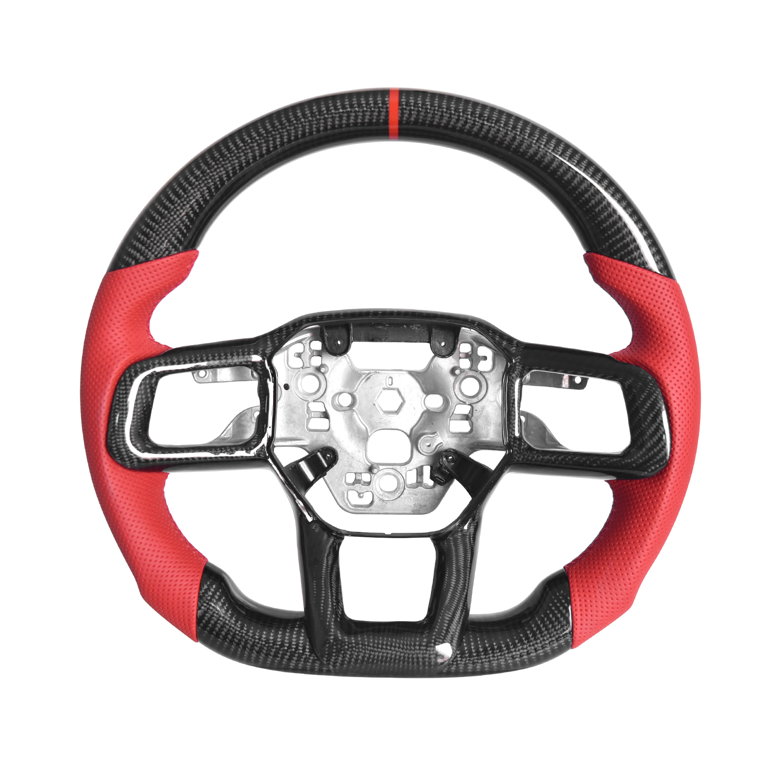 2024-Up Mustang Carbon Fiber Steering Wheel Red Perforated Leather Red Stitching Red Stripe