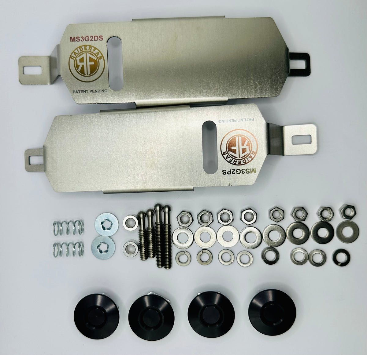 RaiderFab second-generation Mazda3 bumper kit with two brackets, four black latches and mounting hardware.