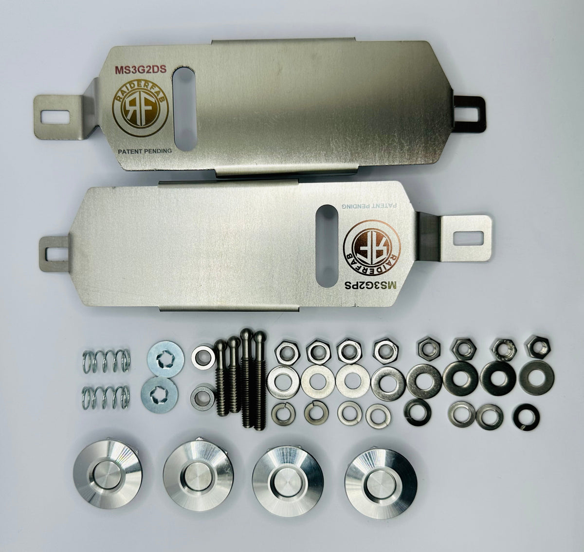 RaiderFab second-generation Mazda3 bumper kit with four machined aluminum latches, brackets and hardware.