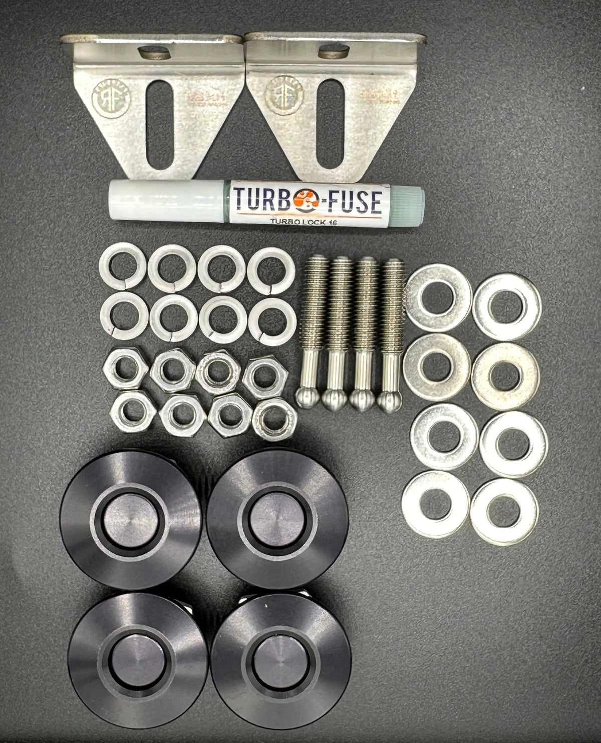RaiderFab Mazda6 full bumper kit with four black latches, brackets, threadlocker and mounting hardware.