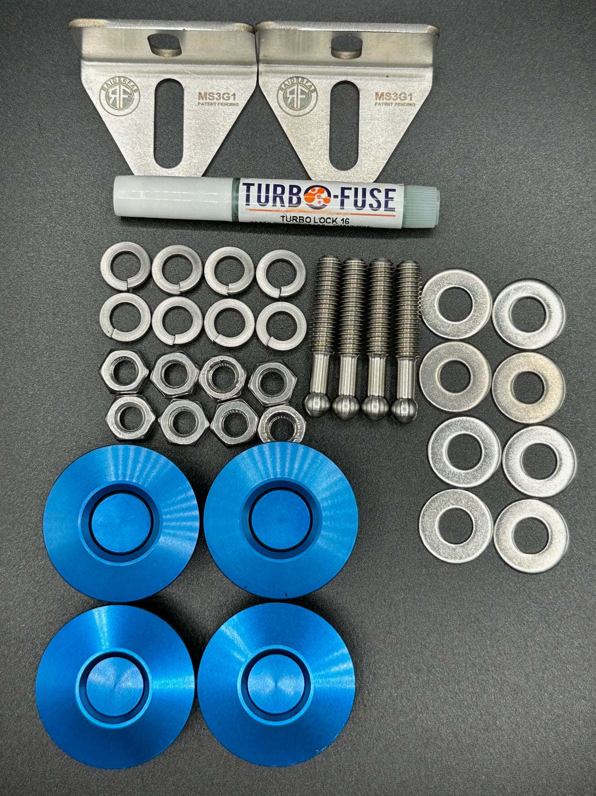 RaiderFab Mazda6 full bumper kit with four blue latches, brackets, threadlocker and mounting hardware.