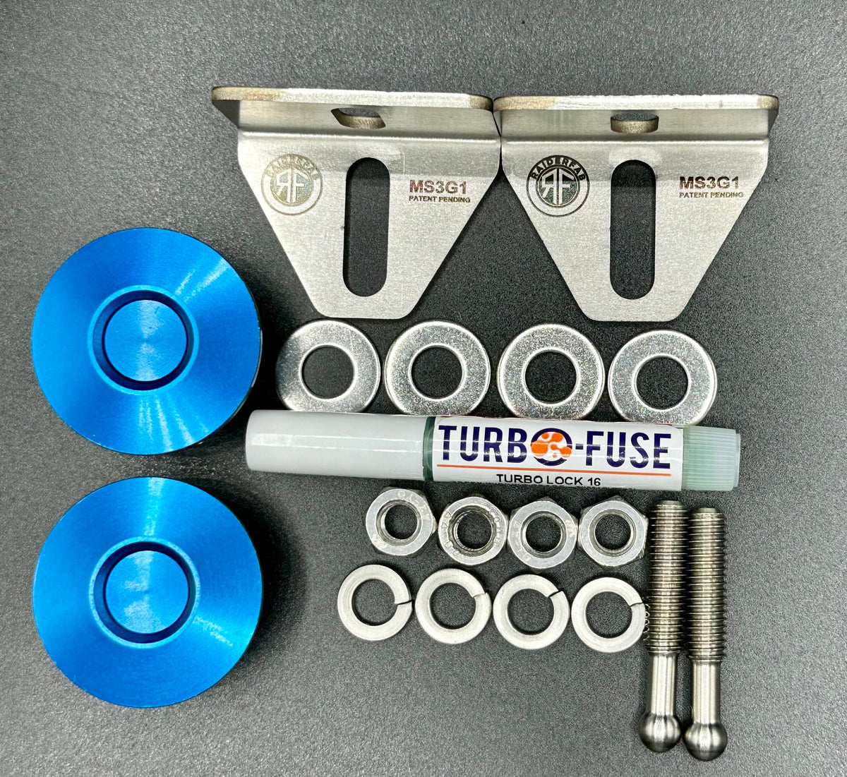 RaiderFab Mazda6 fenderwell kit with two blue latches, two brackets, threadlocker and mounting hardware.