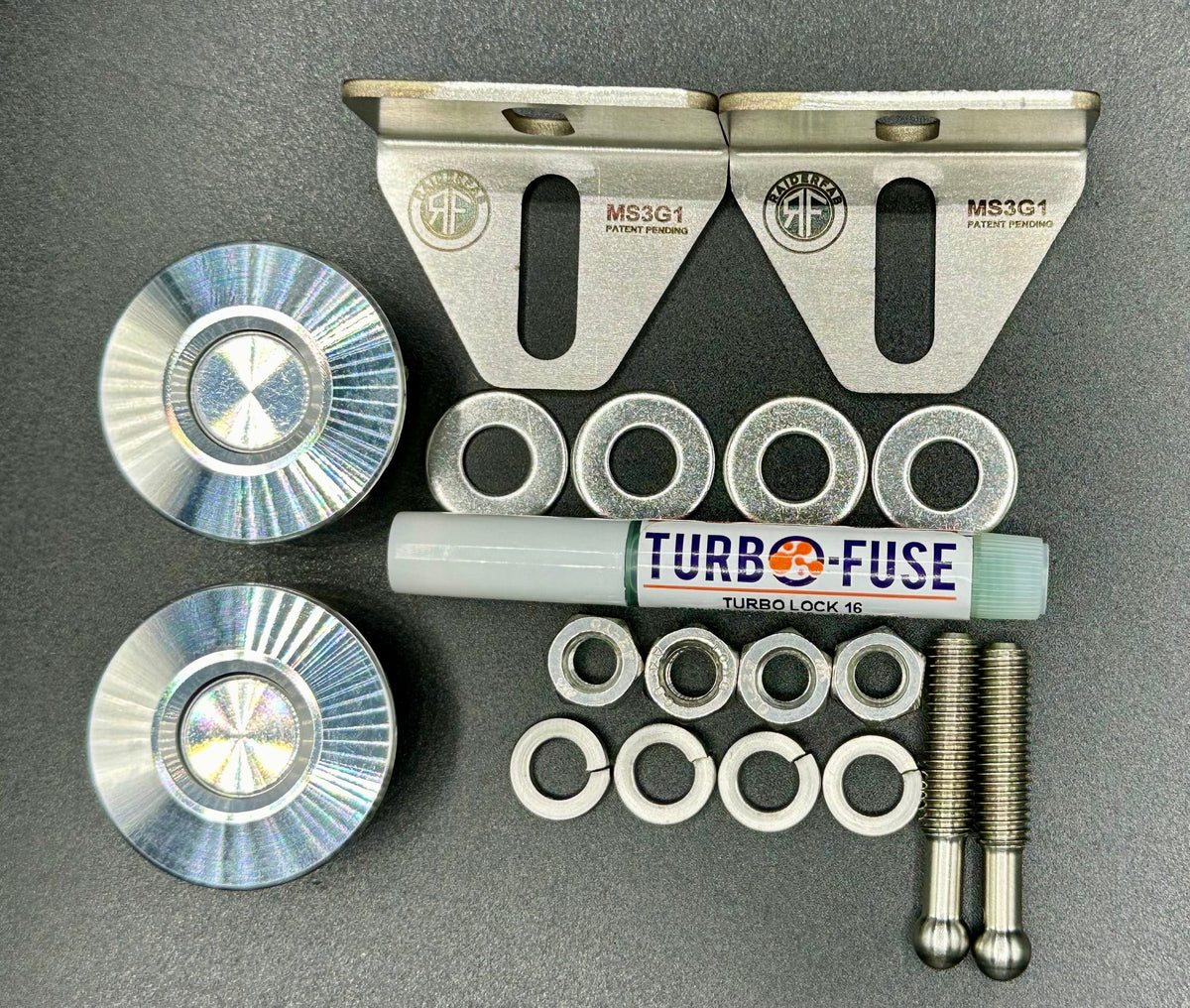 RaiderFab Mazda6 fenderwell kit with two machined aluminum latches, brackets, threadlocker and hardware.