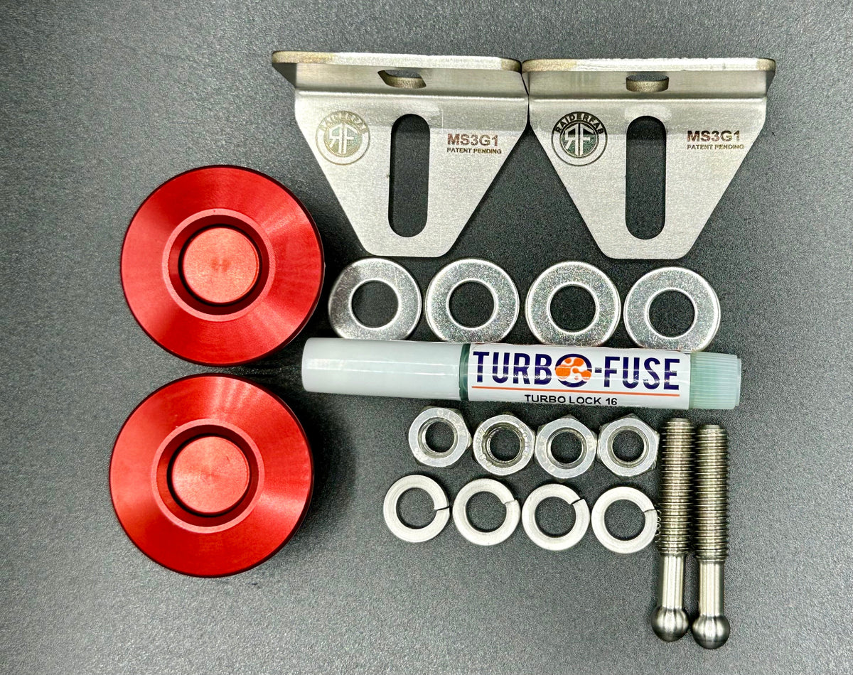 RaiderFab Mazda6 fenderwell kit with two red latches, two brackets, threadlocker and mounting hardware.