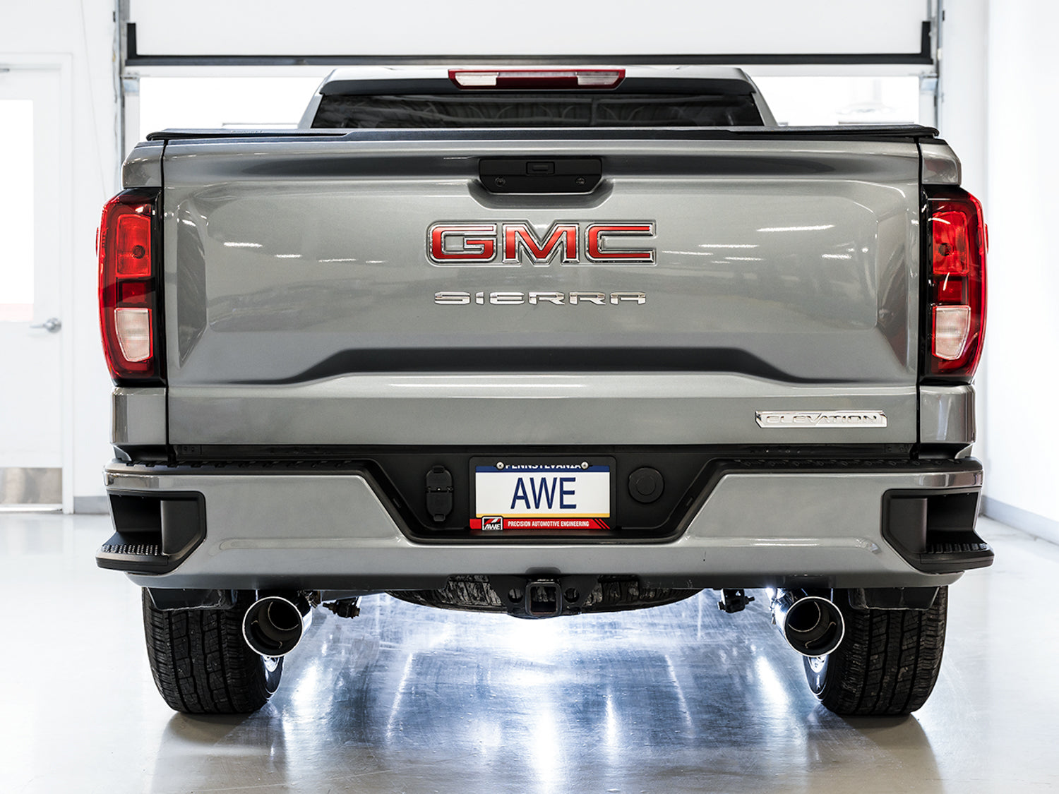 AWE 0FG Catback Split Rear Exit Exhaust for 4th Gen Silverado/Sierra 1500 5.3L (Flat Bumper) - Dual Chrome Silver Tips