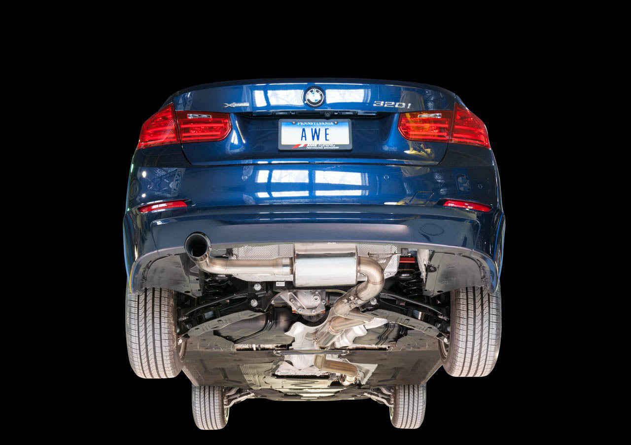 AWE Touring Edition Exhaust + Performance Mid Pipe for BMW F30 320i, Single Side - Diamond Black Tip (102mm)