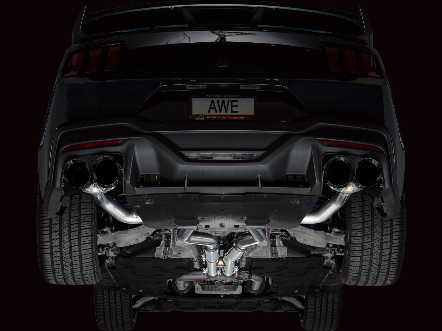 AWE Track Edition Exhaust for S650 Ford Mustang Dark Horse - Quad Diamond Black Tips