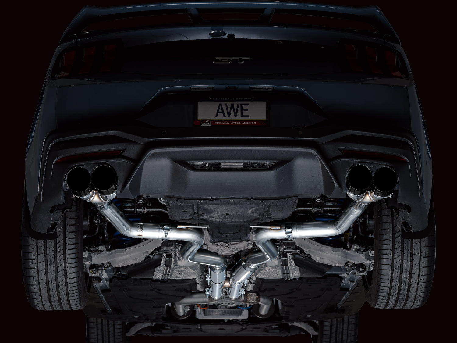 AWE Track Edition Exhaust for S650 Ford Mustang GT Fastback - Quad Diamond Black Tips