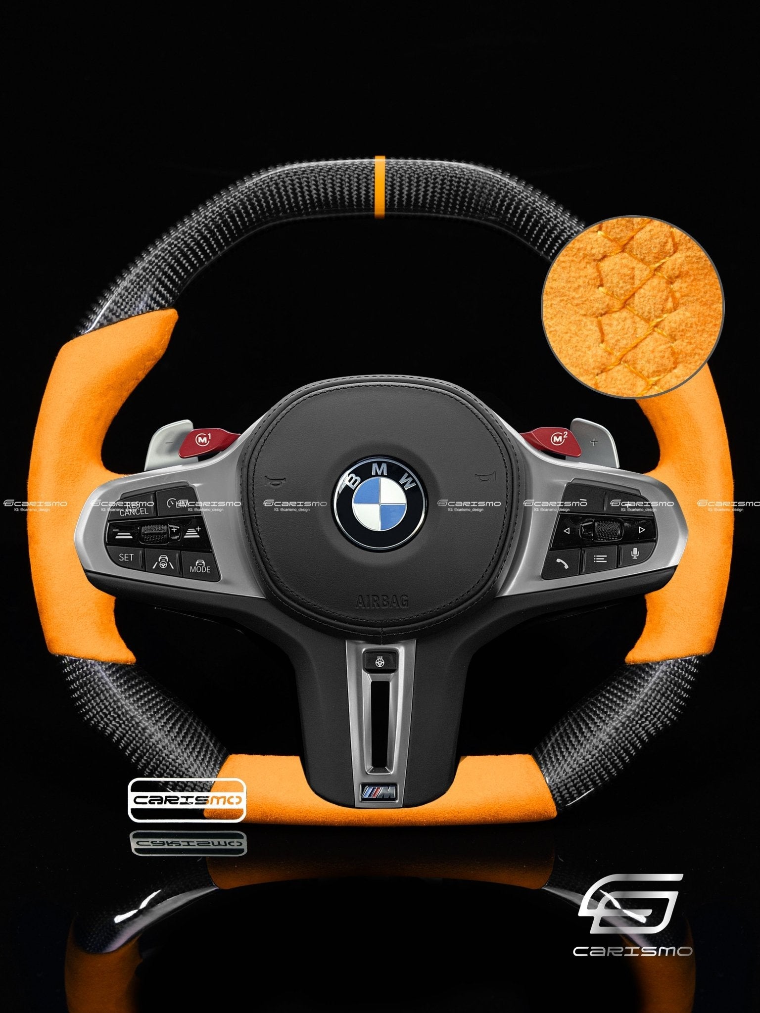 Carismo Steering Wheel For BMW G-Series (M Performance Wheels) - Signature - Gloss Carbon - Orange Alcantara