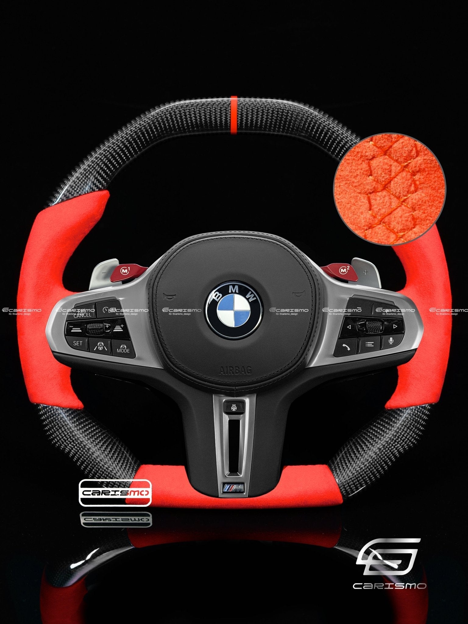 Carismo Steering Wheel For BMW G-Series (M Performance Wheels) - Signature - Gloss Carbon - Red Alcantara