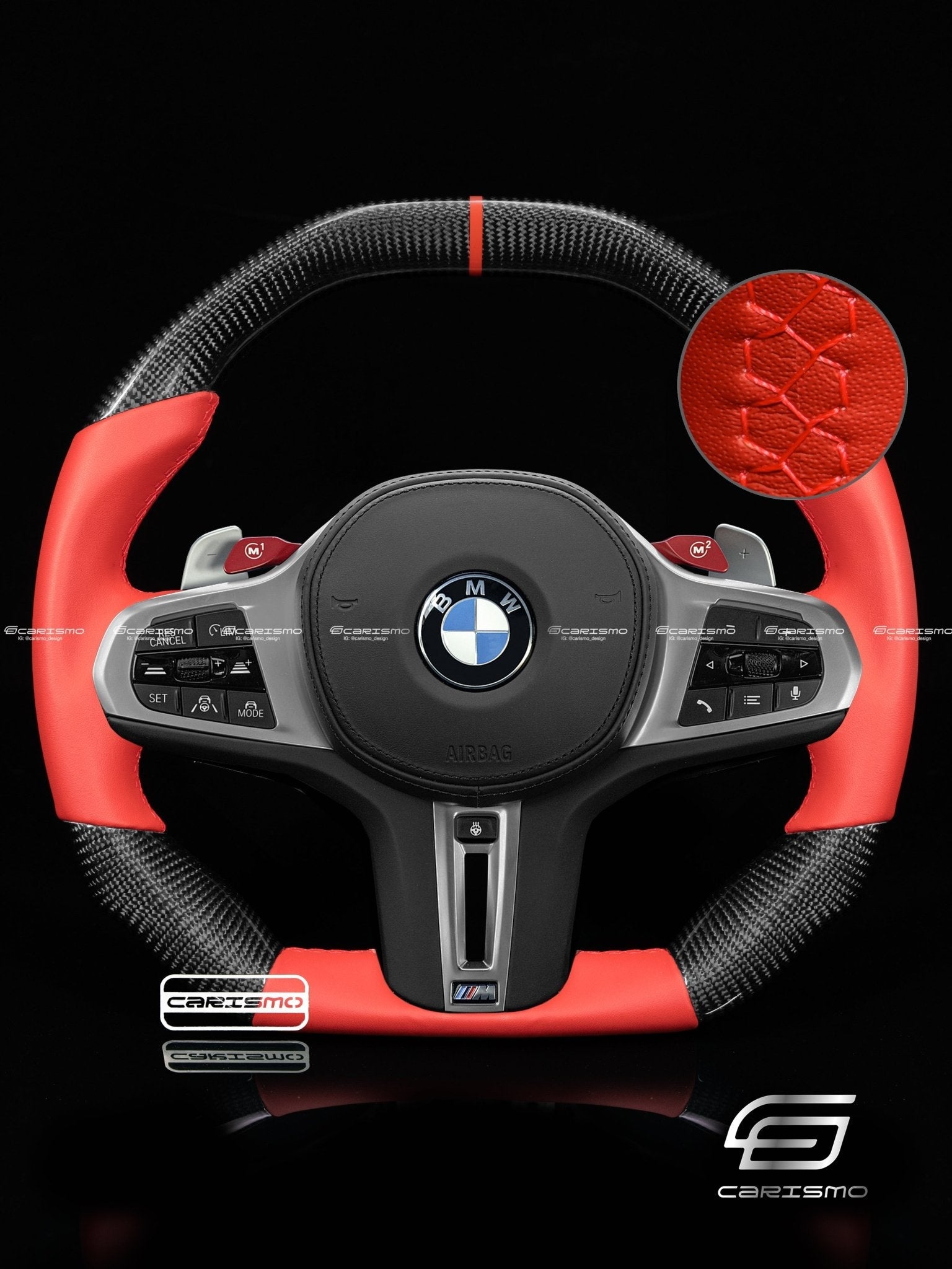 Carismo Steering Wheel For BMW G-Series (M Performance Wheels) - Signature - Gloss Carbon - Red Smooth Leather