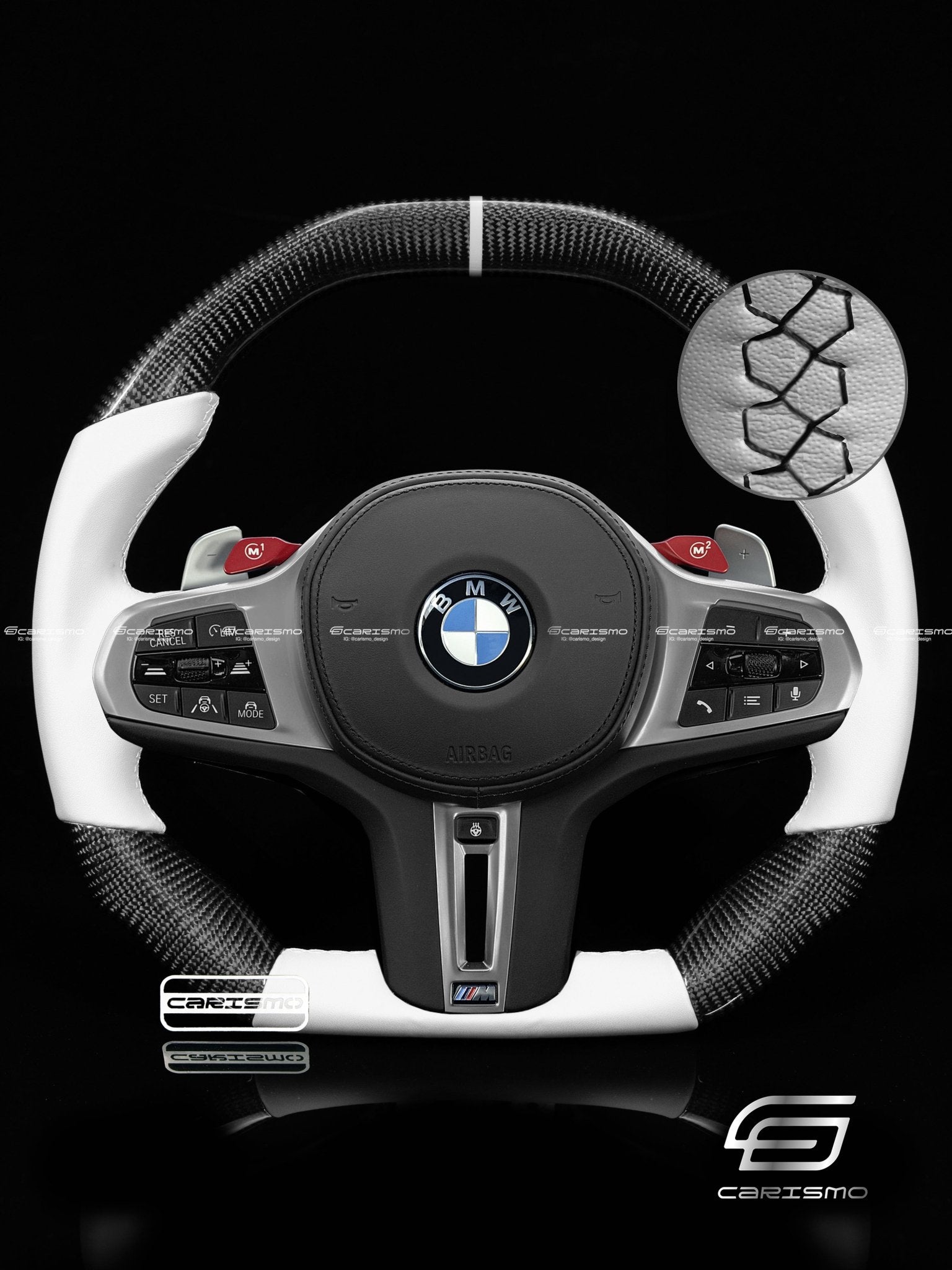 Carismo Steering Wheel For BMW G-Series (M Performance Wheels) - Signature - Gloss Carbon - White Smooth Leather