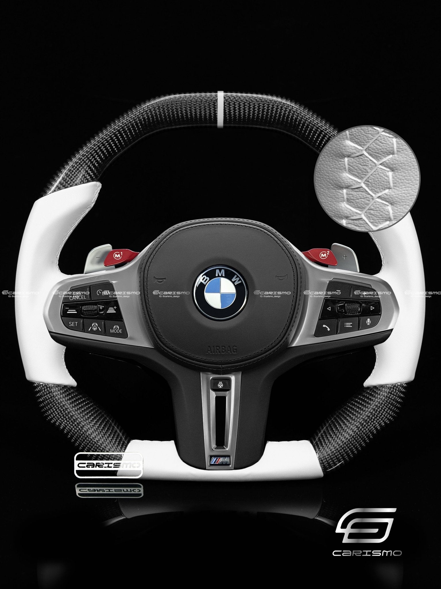Carismo Steering Wheel For BMW G-Series (M Performance Wheels) - Signature - Gloss Carbon - White Smooth Leather