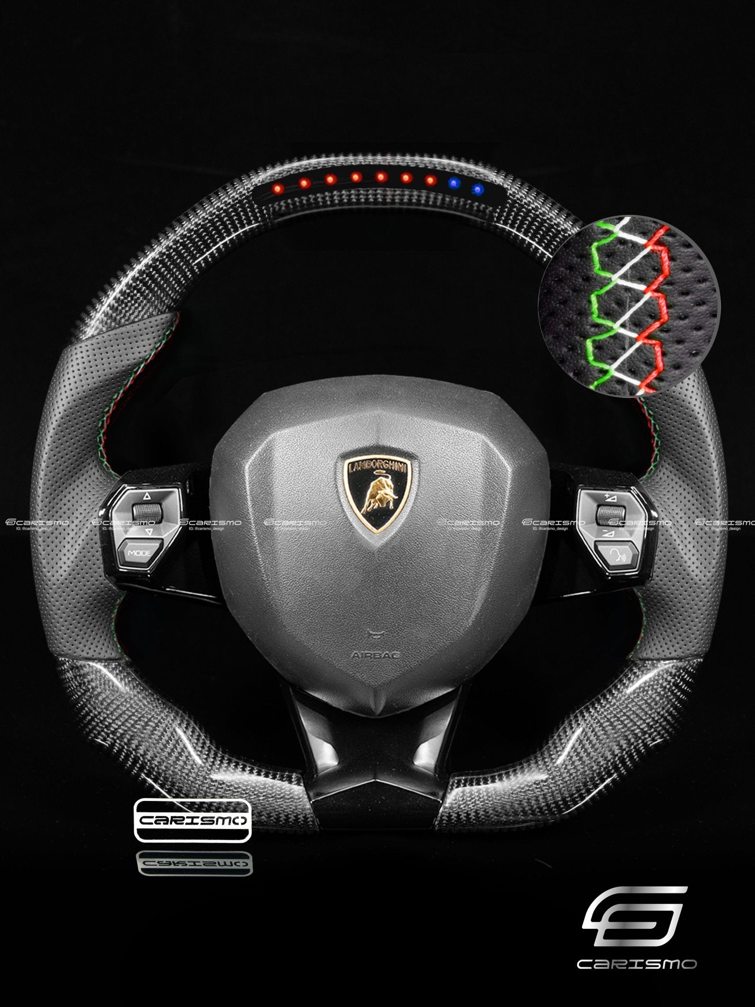 Carismo Steering Wheel For Lamborghini Aventador - Sequential RPM LED - Gloss Carbon - Perforated Leather